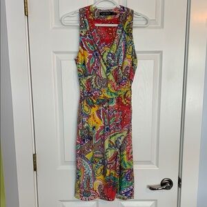 Lauren Ralph Lauren Sleeveless Paisley Dress Faux Wrap V Neck Size 0 Stretchy